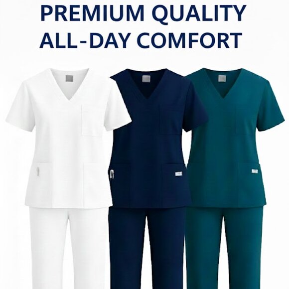 HSE Tops - Brand New Medical Scrub Sets - Unisex V-Neck Top & Pants - White, Navy and Teal
